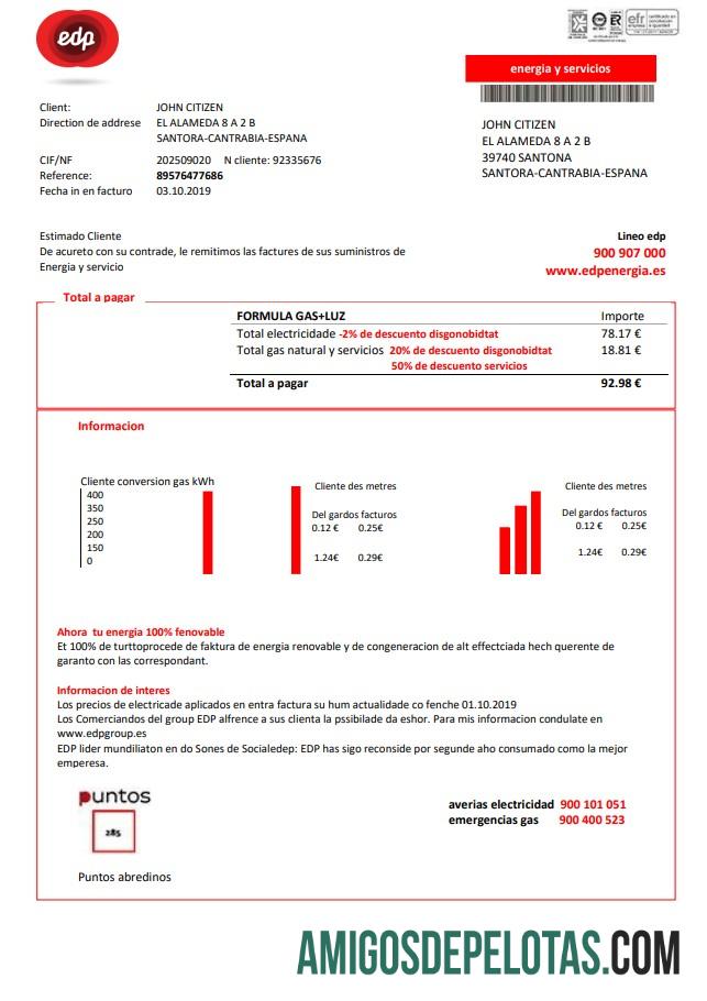 Em branco modelo de fatura de serviços públicos da Espanha EDP Energia em formato Word e PDF
